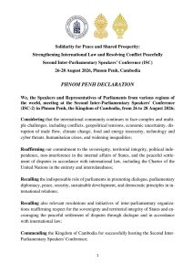 Phnom Penh Declaration of the 2nd Inter-Parliamentary Speakers’ Conference (ISC-2) Under the Theme: “Solidarity for Peace and Shared Prosperity: Strengthening International Law and Resolving Conflicts Peacefully” Held from 26–28 August 2026 in Phnom Penh, Kingdom of Cambodia
