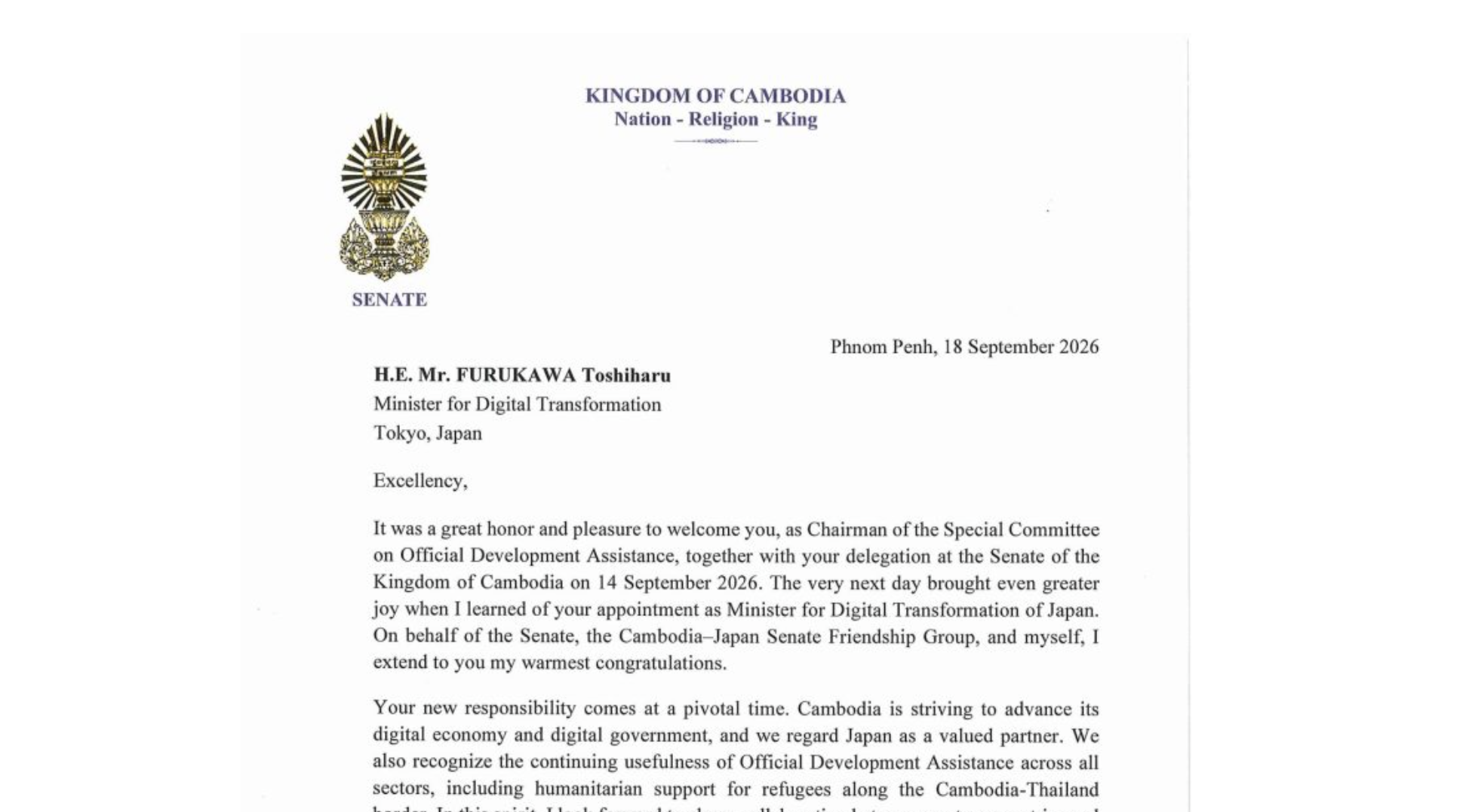 The Senate of the Kingdom of Cambodia congratulates H.E. Mr. FURUKAWA Toshiharu on his appointment as Japan’s Minister for Digital Transformation